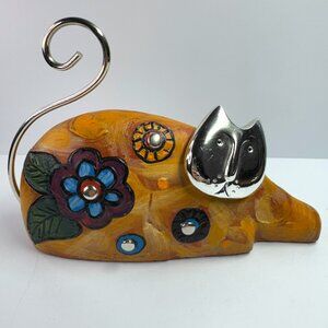 Decorative Cat Figurine Statue Colourful Silver Tone Metal Head and Tail